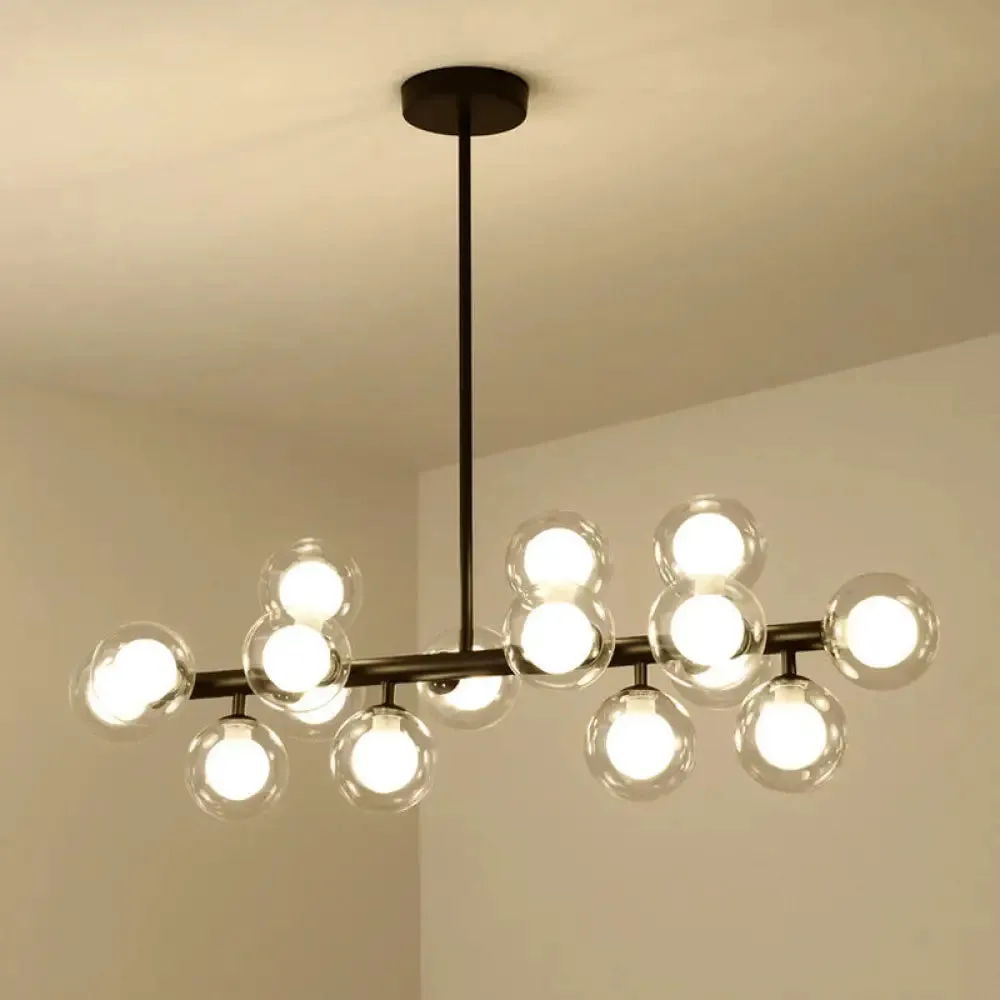 16-Light Modern Black Island Pendant - Spherical Glass Ceiling Light for Dining Table