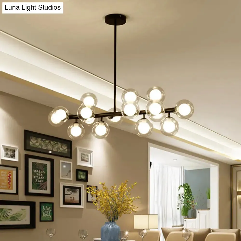 16-Light Modern Black Island Pendant - Spherical Glass Ceiling Light for Dining Table
