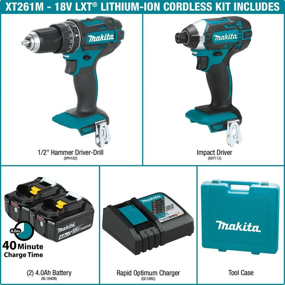 18-Volt LXT Lithium-Ion Cordless Combo Kit (2-Piece) Hammer Drill/Impact Driver w/ (2) Batteries (4.0Ah), Charger, Case