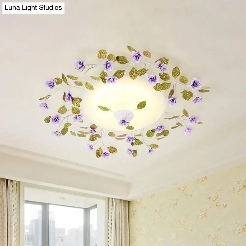 Ambient LED White Glass Semi Flush Ceiling Light - Countryside Purple Domed Design with Flower and Leaf Motif - 23"/28" Width