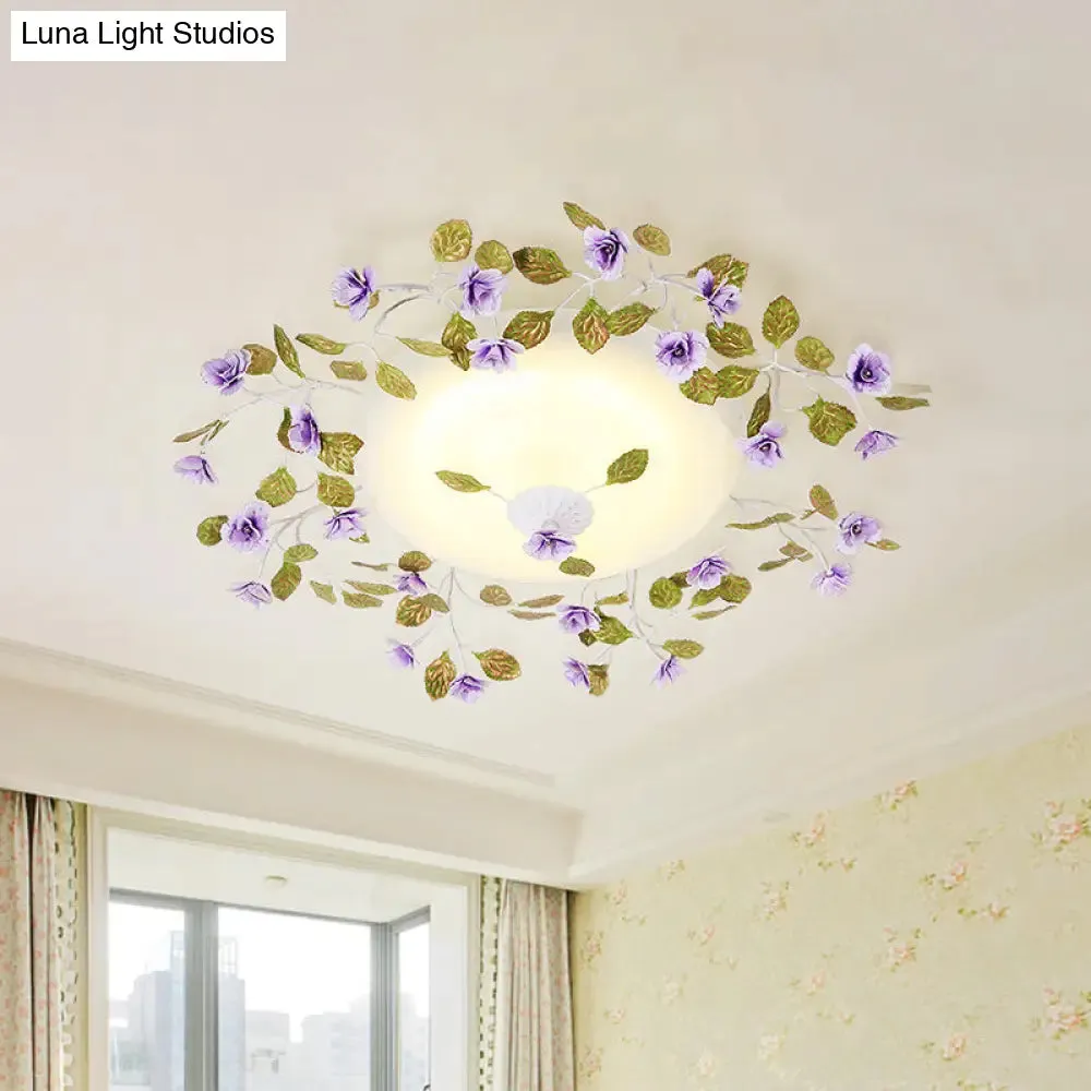 Ambient LED White Glass Semi Flush Ceiling Light - Countryside Purple Domed Design with Flower and Leaf Motif - 23"/28" Width