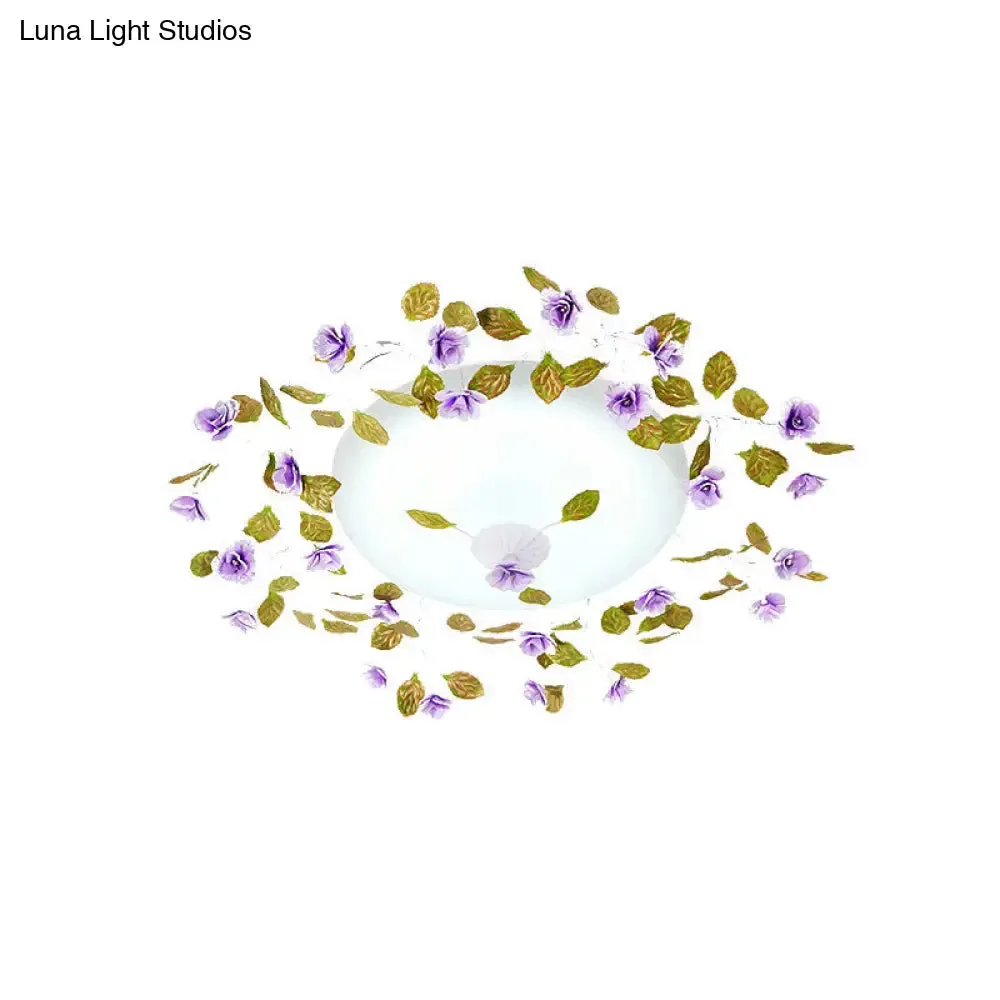 Ambient LED White Glass Semi Flush Ceiling Light - Countryside Purple Domed Design with Flower and Leaf Motif - 23"/28" Width