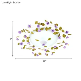 Ambient LED White Glass Semi Flush Ceiling Light - Countryside Purple Domed Design with Flower and Leaf Motif - 23"/28" Width