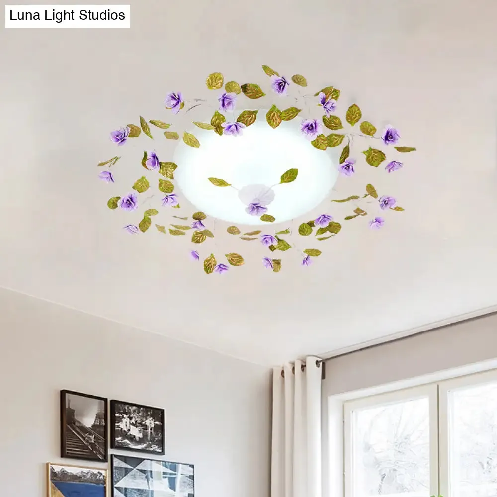 Ambient LED White Glass Semi Flush Ceiling Light - Countryside Purple Domed Design with Flower and Leaf Motif - 23"/28" Width