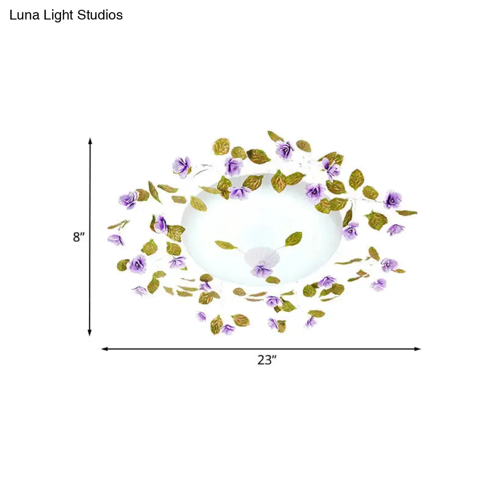 Ambient LED White Glass Semi Flush Ceiling Light - Countryside Purple Domed Design with Flower and Leaf Motif - 23"/28" Width