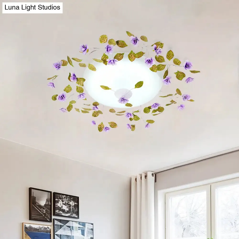 Ambient LED White Glass Semi Flush Ceiling Light - Countryside Purple Domed Design with Flower and Leaf Motif - 23"/28" Width