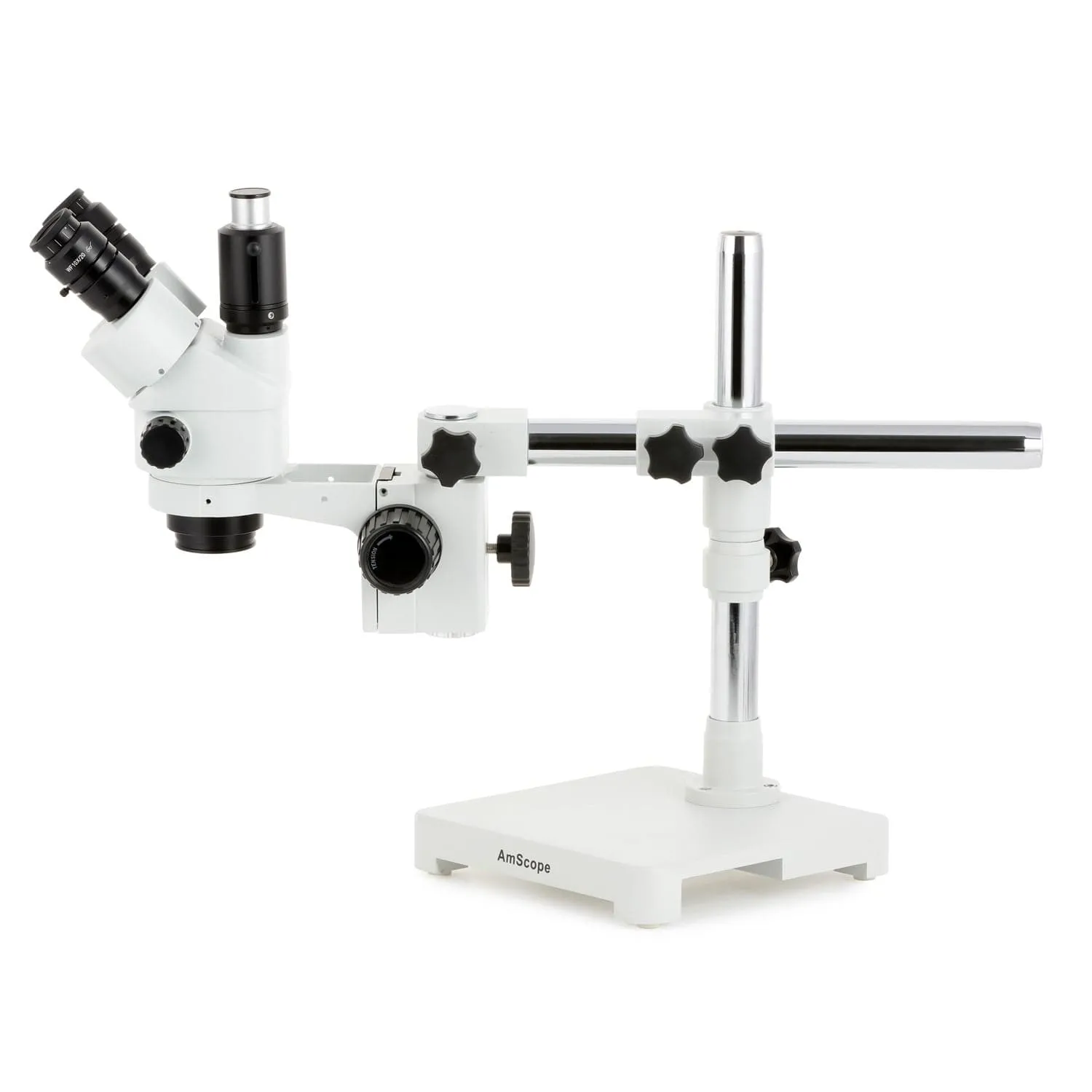 AmScope SM-3 Series Simul-Focal Lockable Zoom Trinocular Stereo Microscope with 64 LED Compact Ring Light and Optional Digital Camera on Single Arm Boom Stand