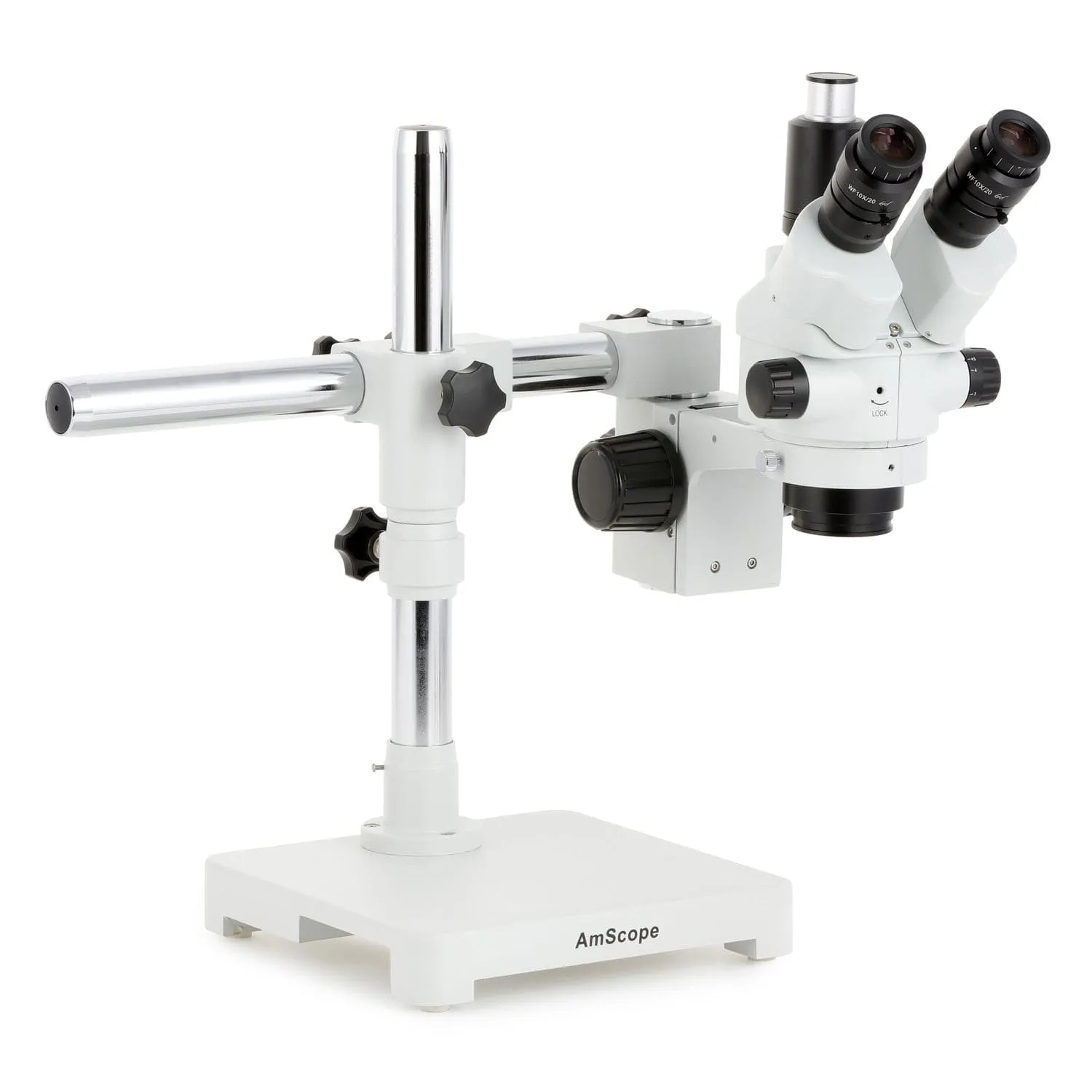 AmScope SM-3 Series Simul-Focal Lockable Zoom Trinocular Stereo Microscope with 64 LED Compact Ring Light and Optional Digital Camera on Single Arm Boom Stand