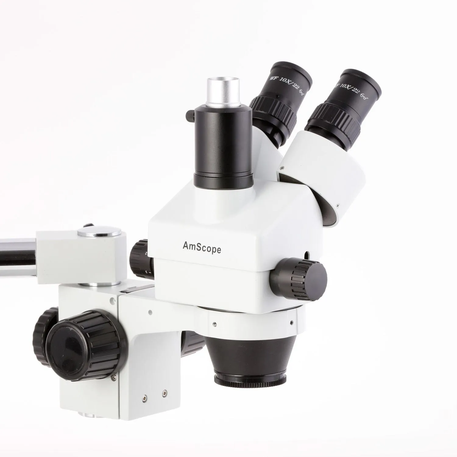 AmScope SM-3 Series Simul-Focal Zoom Trinocular Stereo Microscope with 64 LED Compact Ring Light and Optional Digital Camera on Single Arm Boom Stand