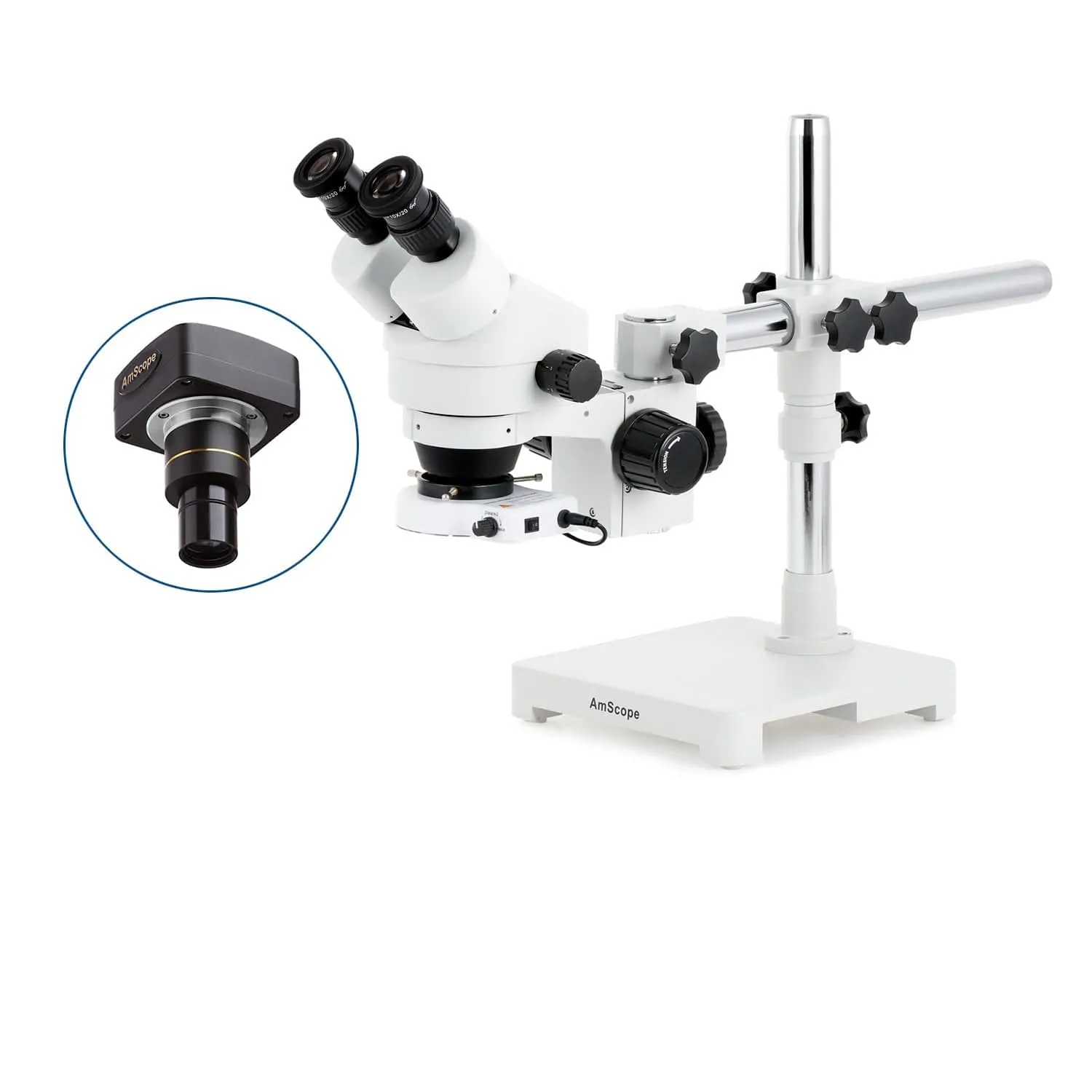 AmScope SM-3 Series Zoom Binocular Stereo Microscope with 144 LED Compact Ring Light and Optional Digital Camera on Single Arm Boom Stand