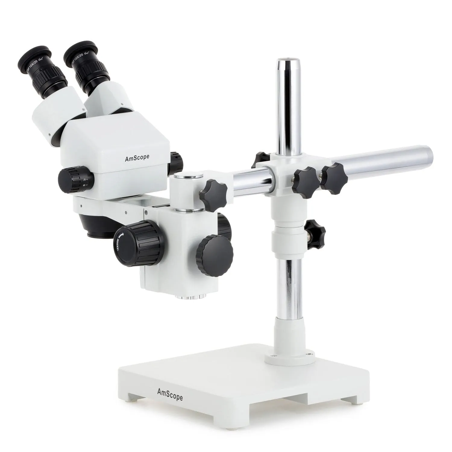 AmScope SM-3 Series Zoom Binocular Stereo Microscope with 144 LED Compact Ring Light and Optional Digital Camera on Single Arm Boom Stand