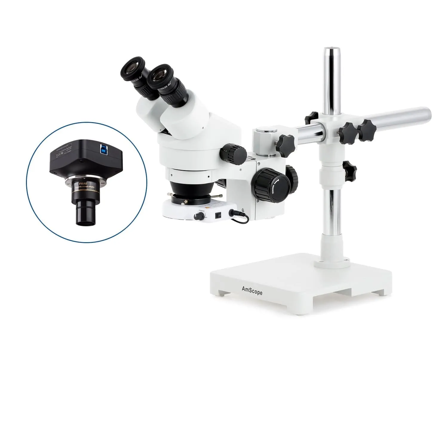 AmScope SM-3 Series Zoom Binocular Stereo Microscope with 144 LED Compact Ring Light and Optional Digital Camera on Single Arm Boom Stand