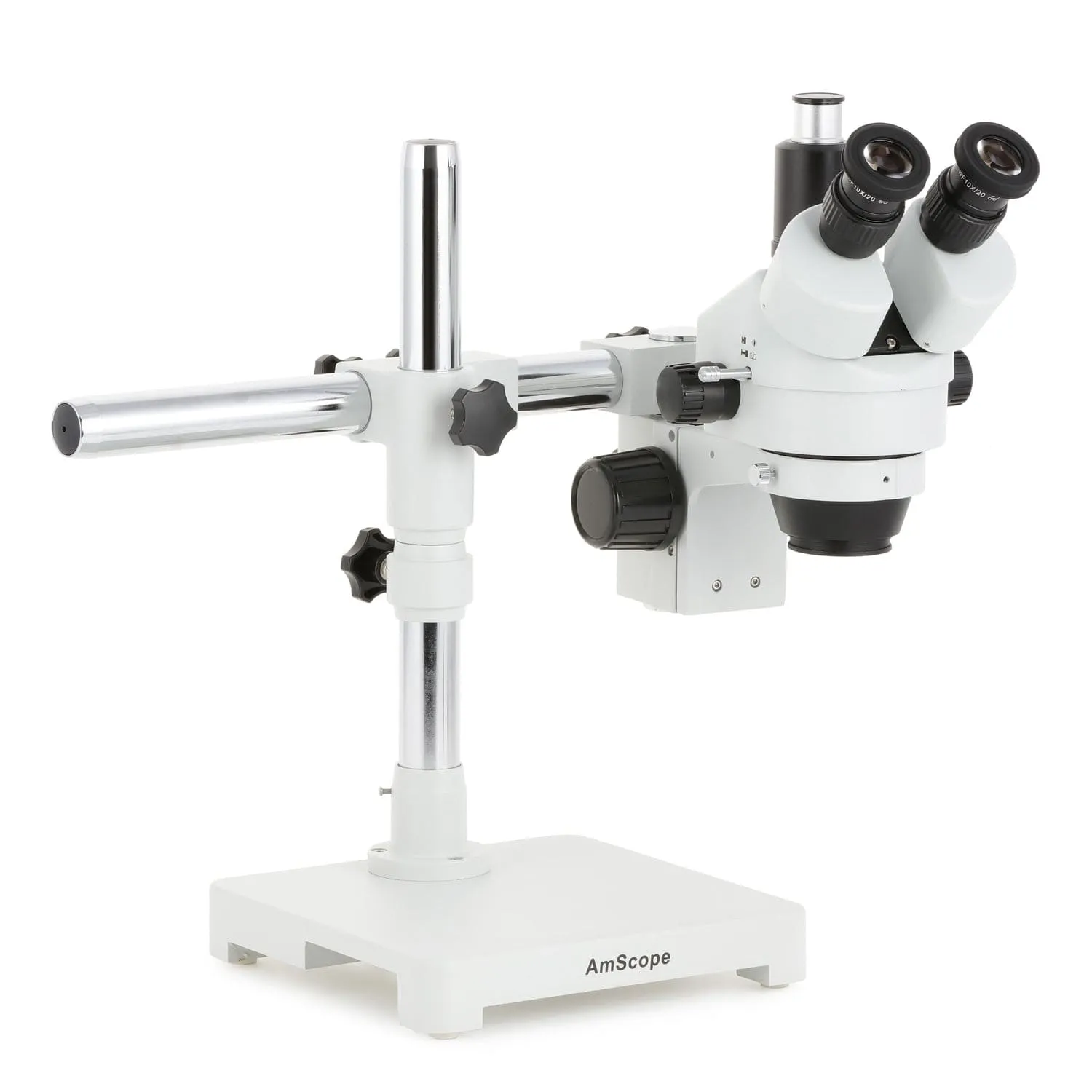 AmScope SM-3 Series Zoom Trinocular Stereo Microscope with 64 LED Compact Ring Light and Optional Digital Camera on Single Arm Boom Stand