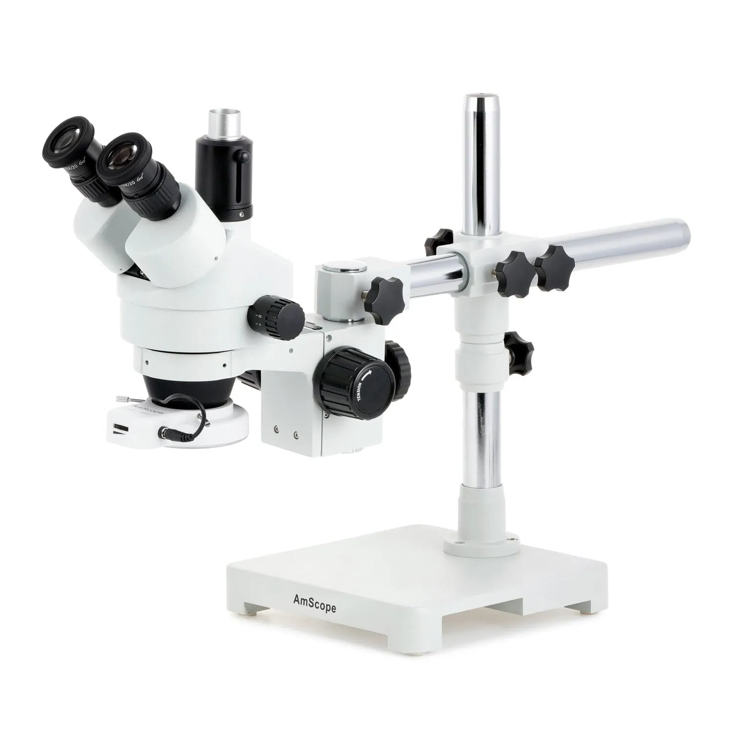 AmScope SM-3 Series Zoom Trinocular Stereo Microscope with 64 LED Compact Ring Light and Optional Digital Camera on Single Arm Boom Stand