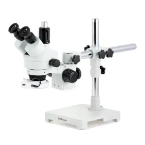 AmScope SM-3 Series Zoom Trinocular Stereo Microscope with 64 LED Compact Ring Light and Optional Digital Camera on Single Arm Boom Stand