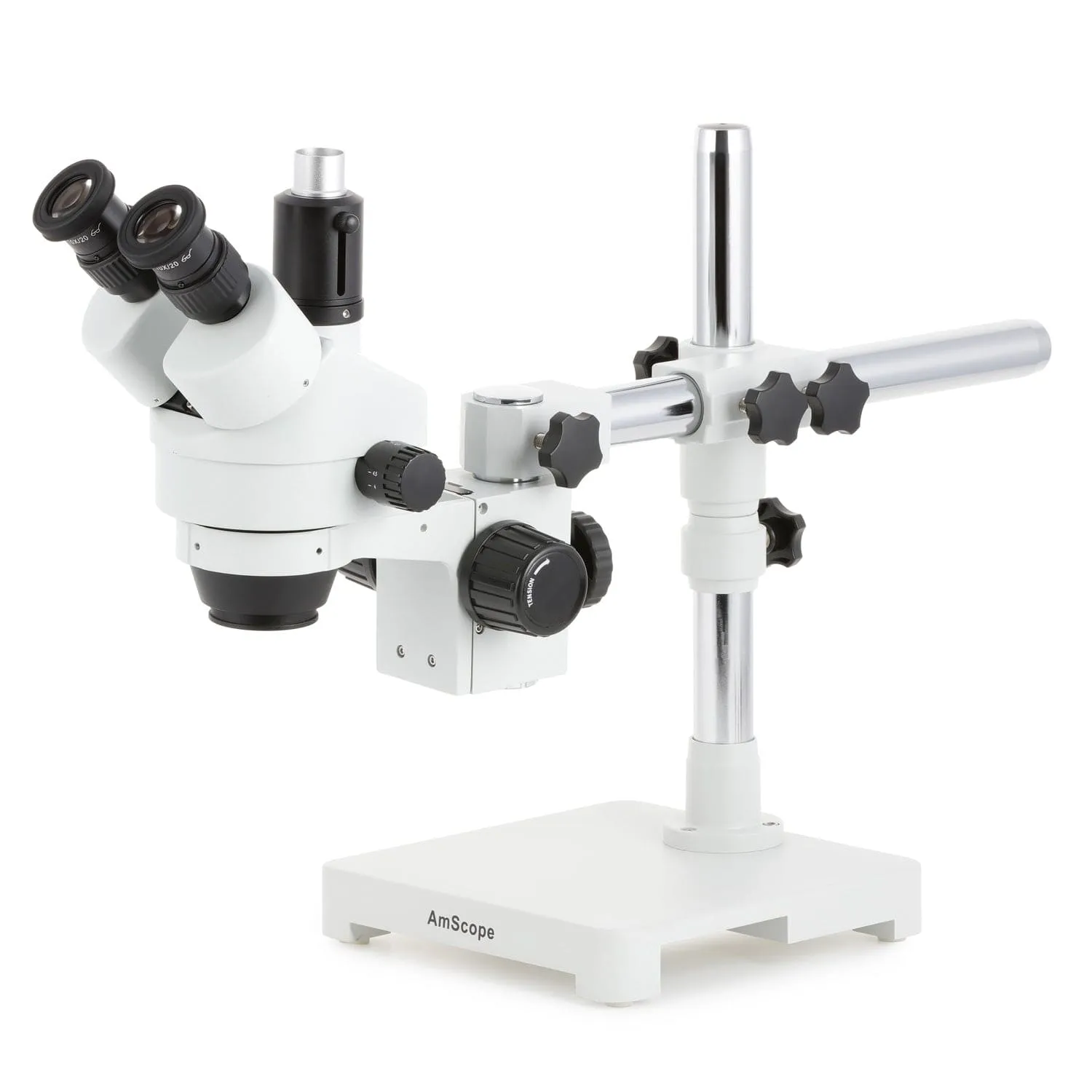 AmScope SM-3 Series Zoom Trinocular Stereo Microscope with 64 LED Compact Ring Light and Optional Digital Camera on Single Arm Boom Stand