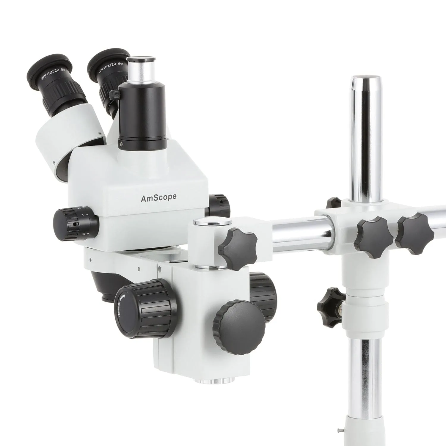 AmScope SM-3 Series Zoom Trinocular Stereo Microscope with 64 LED Compact Ring Light and Optional Digital Camera on Single Arm Boom Stand