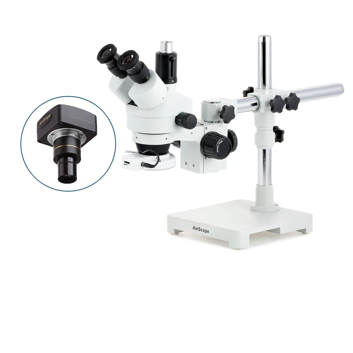 AmScope SM-3 Series Zoom Trinocular Stereo Microscope with 64 LED Compact Ring Light and Optional Digital Camera on Single Arm Boom Stand