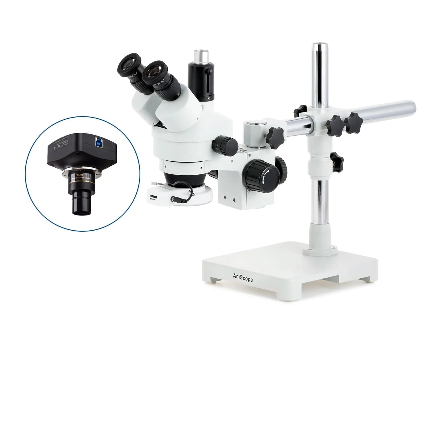 AmScope SM-3 Series Zoom Trinocular Stereo Microscope with 64 LED Compact Ring Light and Optional Digital Camera on Single Arm Boom Stand