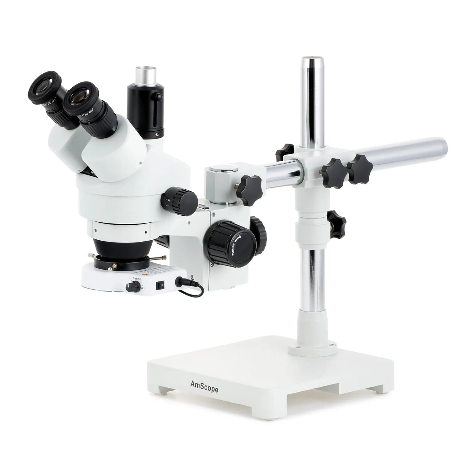 AmScope SM-3 Series Zoom Trinocular Stereo Microscope with 80 LED Compact Ring Light and Optional Digital Camera on Single Arm Boom Stand