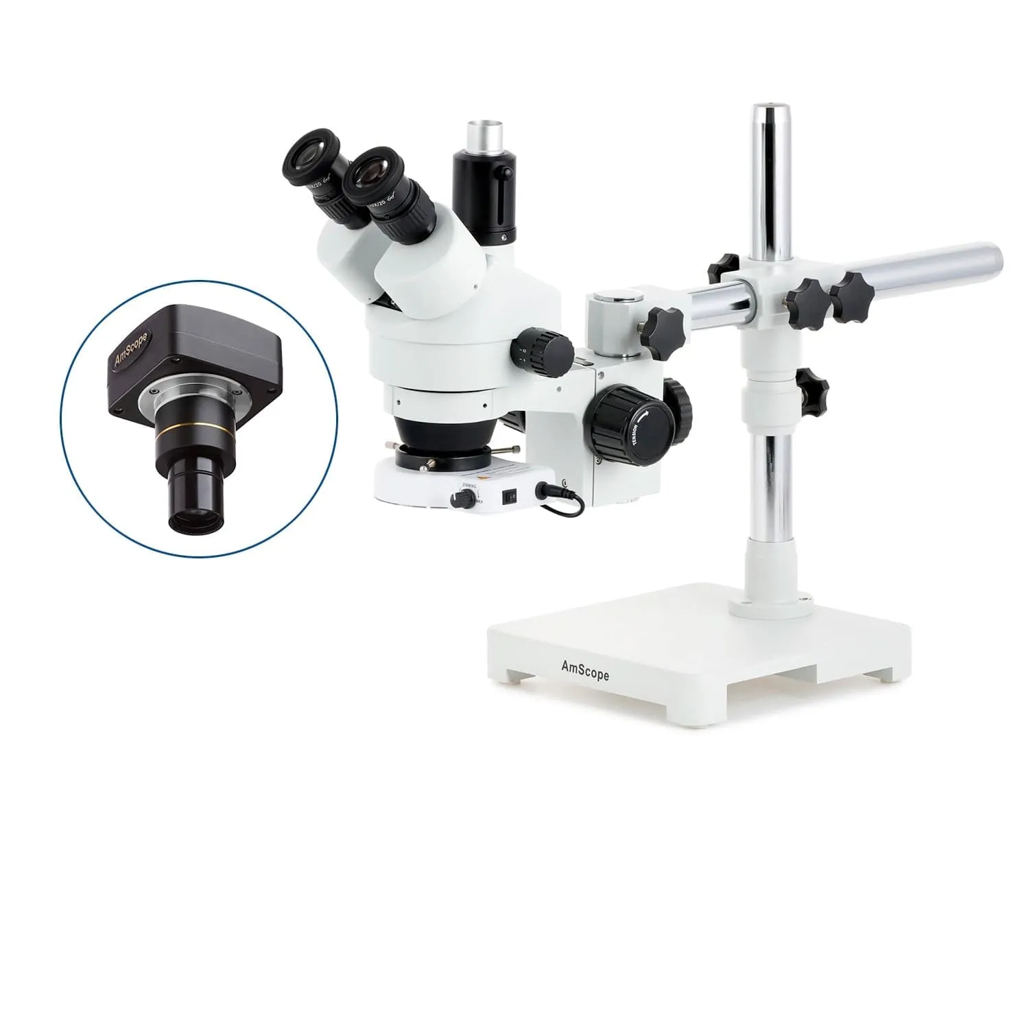 AmScope SM-3 Series Zoom Trinocular Stereo Microscope with 80 LED Compact Ring Light and Optional Digital Camera on Single Arm Boom Stand