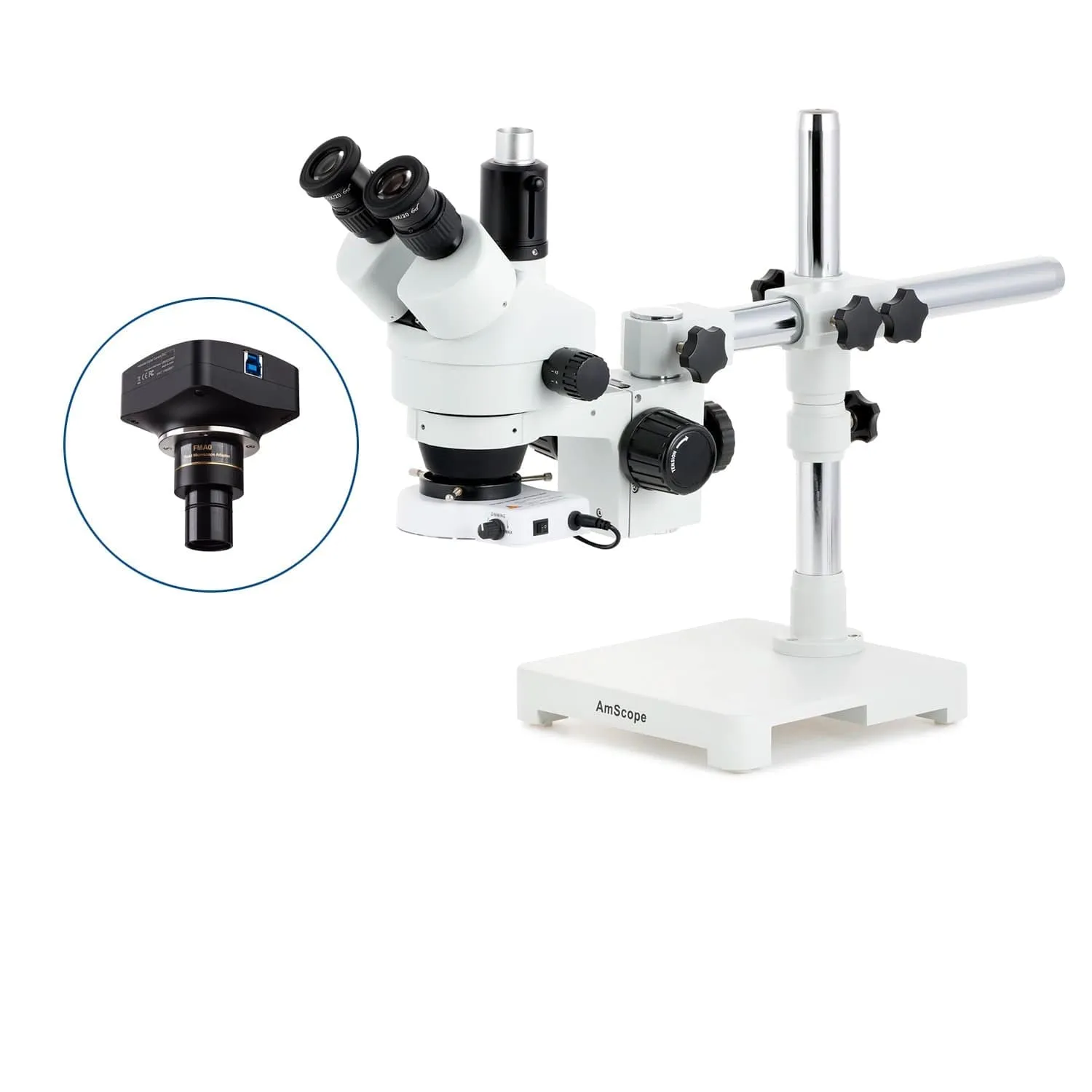 AmScope SM-3 Series Zoom Trinocular Stereo Microscope with 80 LED Compact Ring Light and Optional Digital Camera on Single Arm Boom Stand