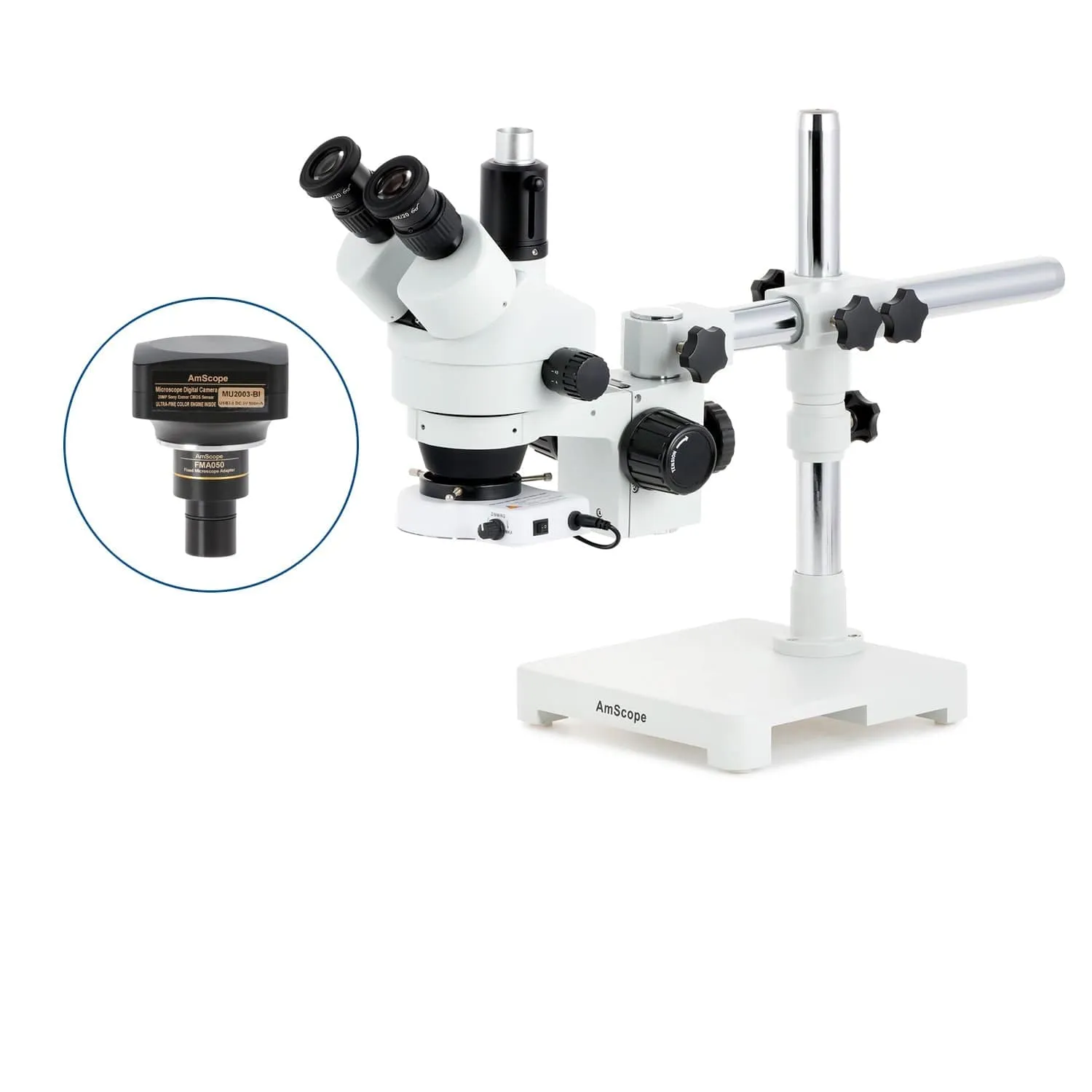 AmScope SM-3 Series Zoom Trinocular Stereo Microscope with 80 LED Compact Ring Light and Optional Digital Camera on Single Arm Boom Stand
