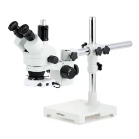 AmScope SM-3 Series Zoom Trinocular Stereo Microscope with 80 LED Compact Ring Light and Optional Digital Camera on Single Arm Boom Stand