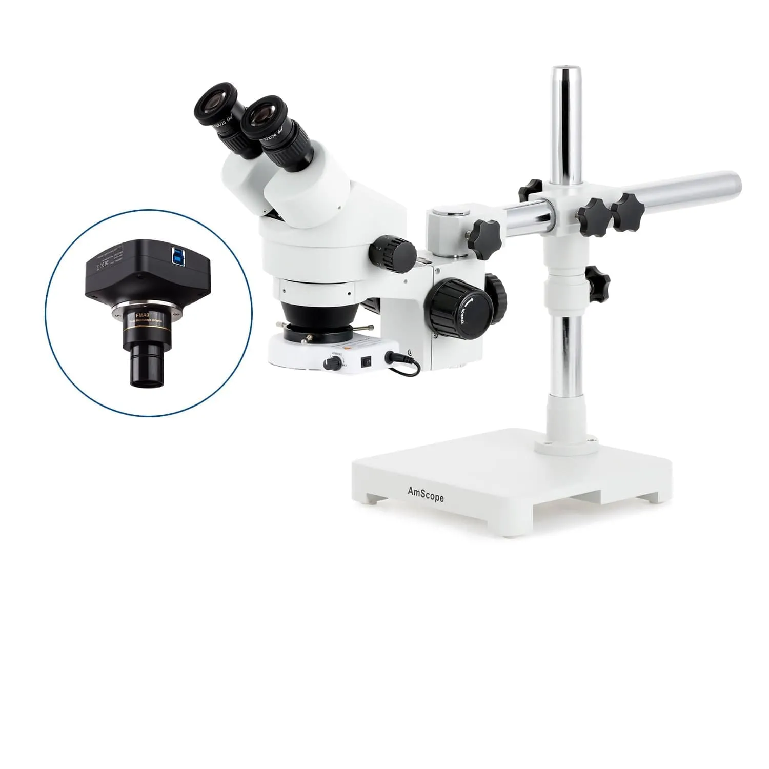 AmScope SM-3B Series Binocular Zoom Stereo Microscope with 80 LED Compact Ring Light and Optional Digital Camera on Single Arm Boom Stand