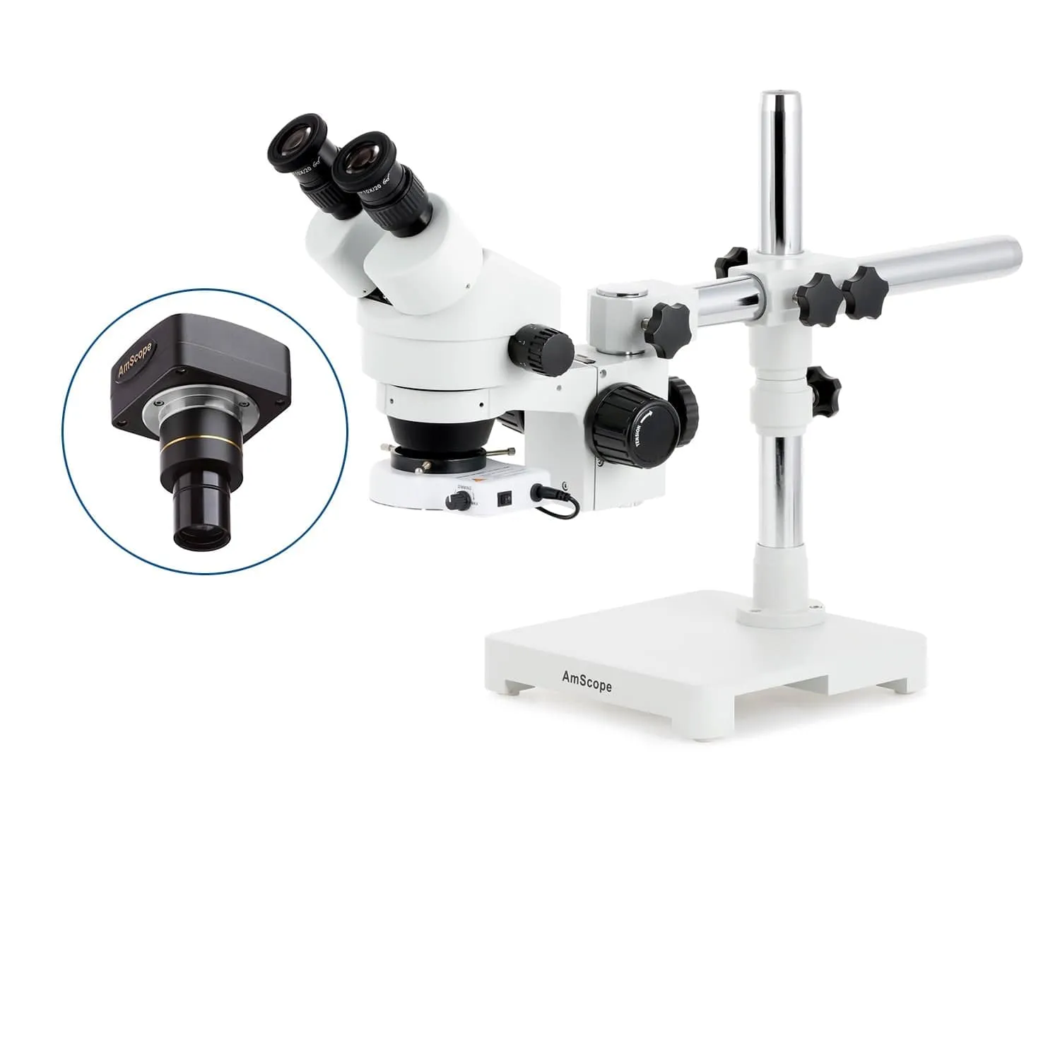 AmScope SM-3B Series Binocular Zoom Stereo Microscope with 80 LED Compact Ring Light and Optional Digital Camera on Single Arm Boom Stand