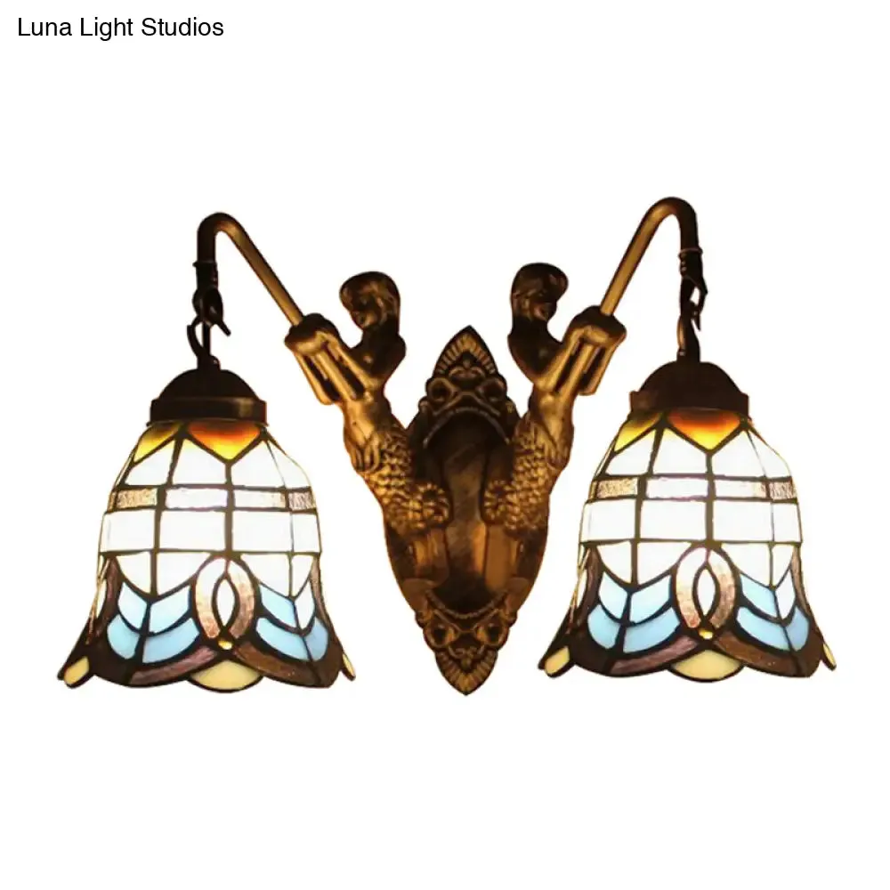 Antique Brass Baroque Wall Mount Light with Bell Shade and Mermaid Stained Glass Wall Lamp - Elegant Foyer Decor