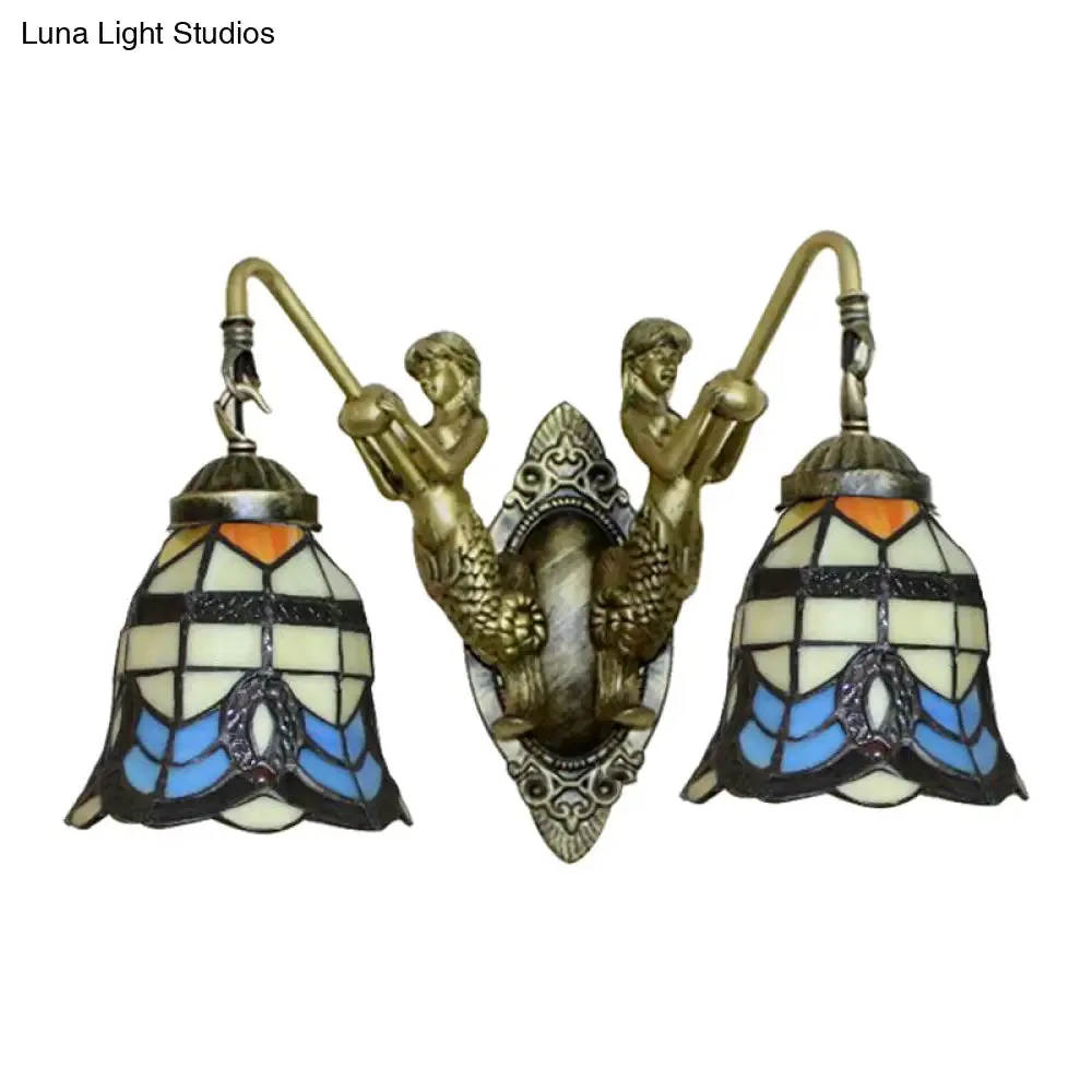 Antique Brass Baroque Wall Mount Light with Bell Shade and Mermaid Stained Glass Wall Lamp - Elegant Foyer Decor