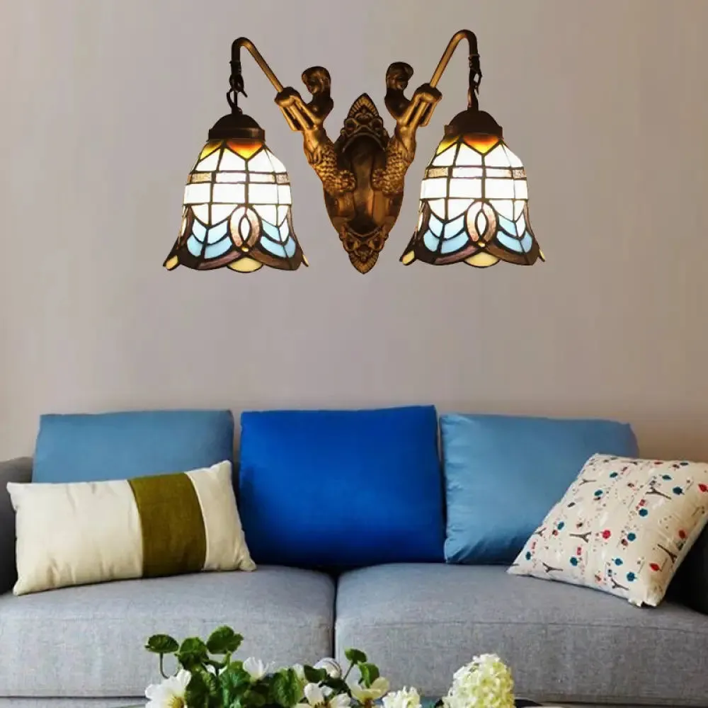 Antique Brass Baroque Wall Mount Light with Bell Shade and Mermaid Stained Glass Wall Lamp - Elegant Foyer Decor