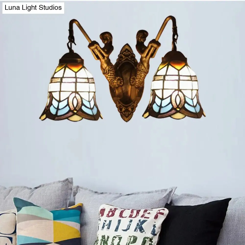 Antique Brass Baroque Wall Mount Light with Bell Shade and Mermaid Stained Glass Wall Lamp - Elegant Foyer Decor