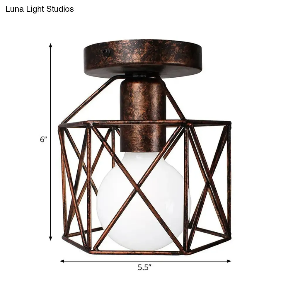 Antique Bronze Wire Cage Semi Flush Light with Hexagon Shade