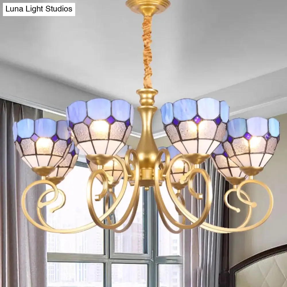 Art Glass Bowl Chandelier with 8 Gold Down Lights