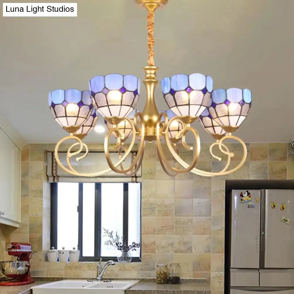 Art Glass Bowl Chandelier with 8 Gold Down Lights