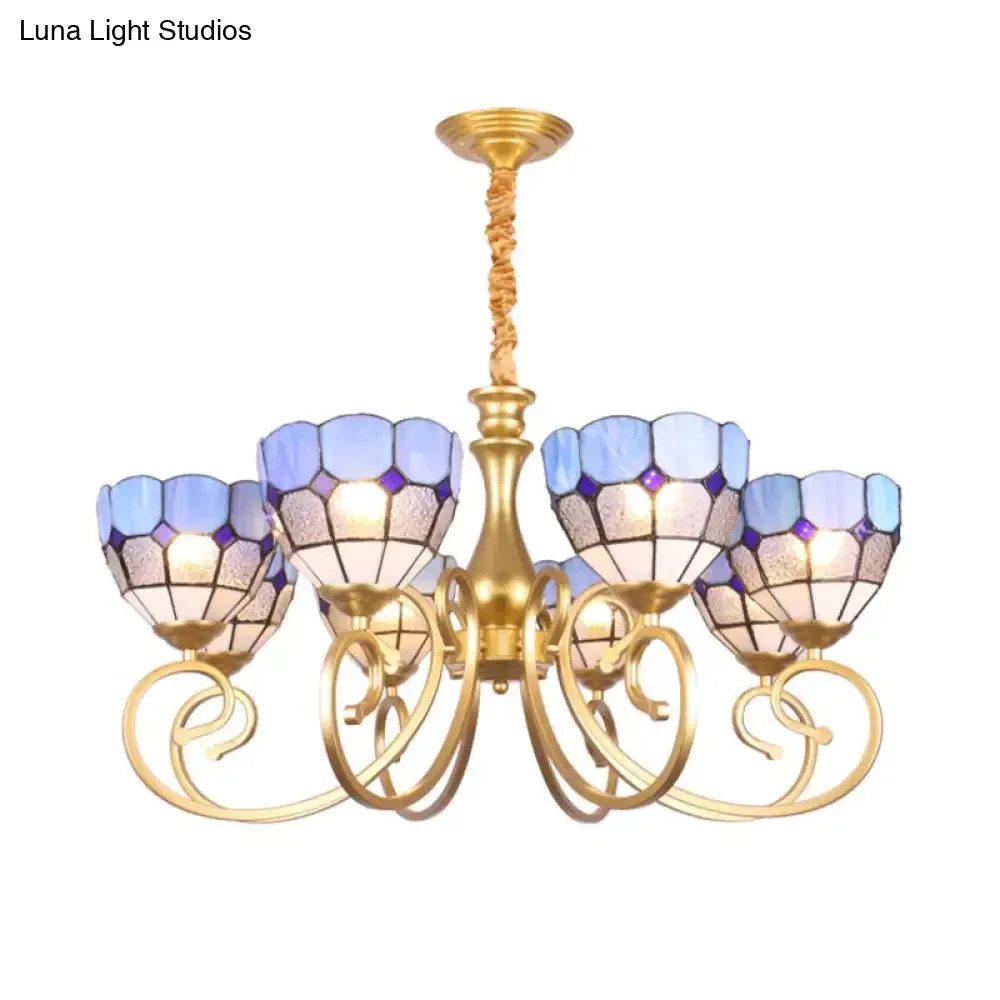 Art Glass Bowl Chandelier with 8 Gold Down Lights