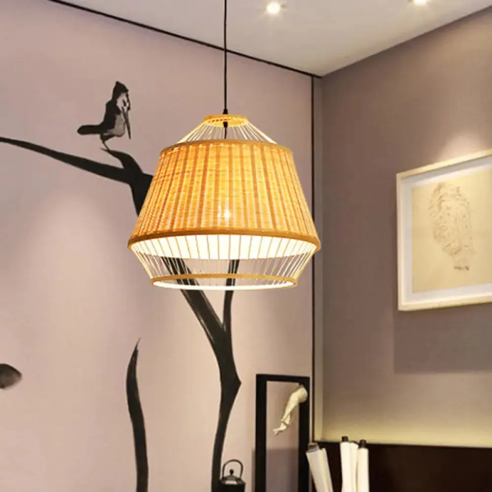 Asian Rattan Hand-Twisted Wood Ceiling Lamp: 1-Bulb Pendant Lighting for Bedside