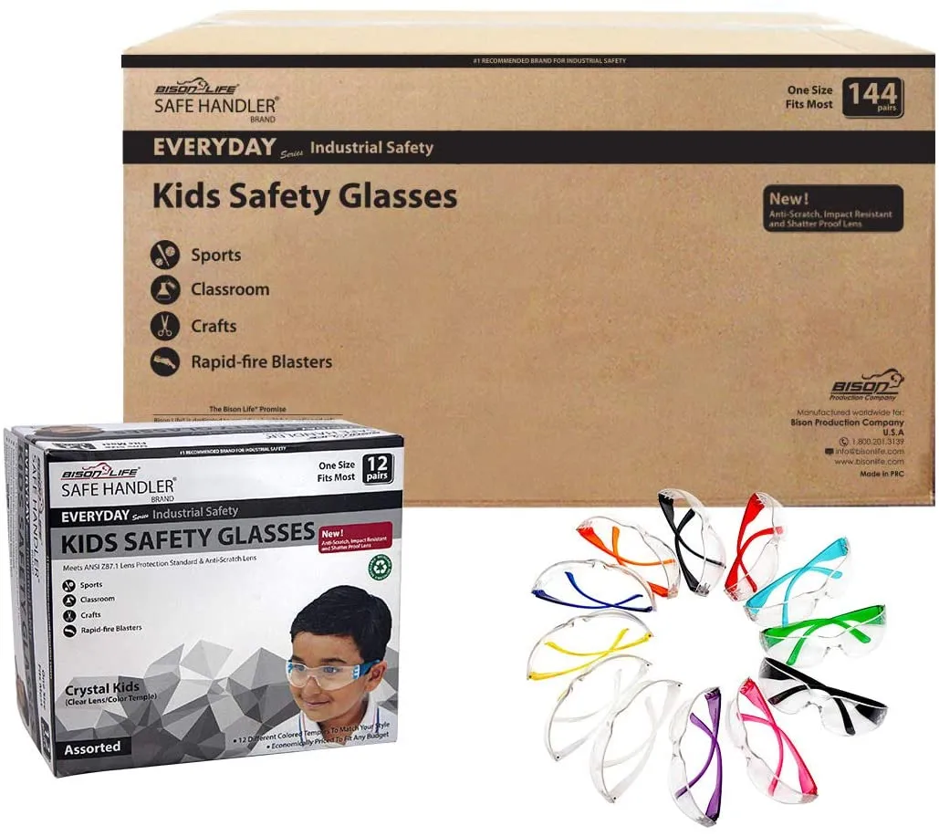 Bison Life Kids Safety Glasses, Clear Lens with Assorted Color Temple, Anti-Scratch