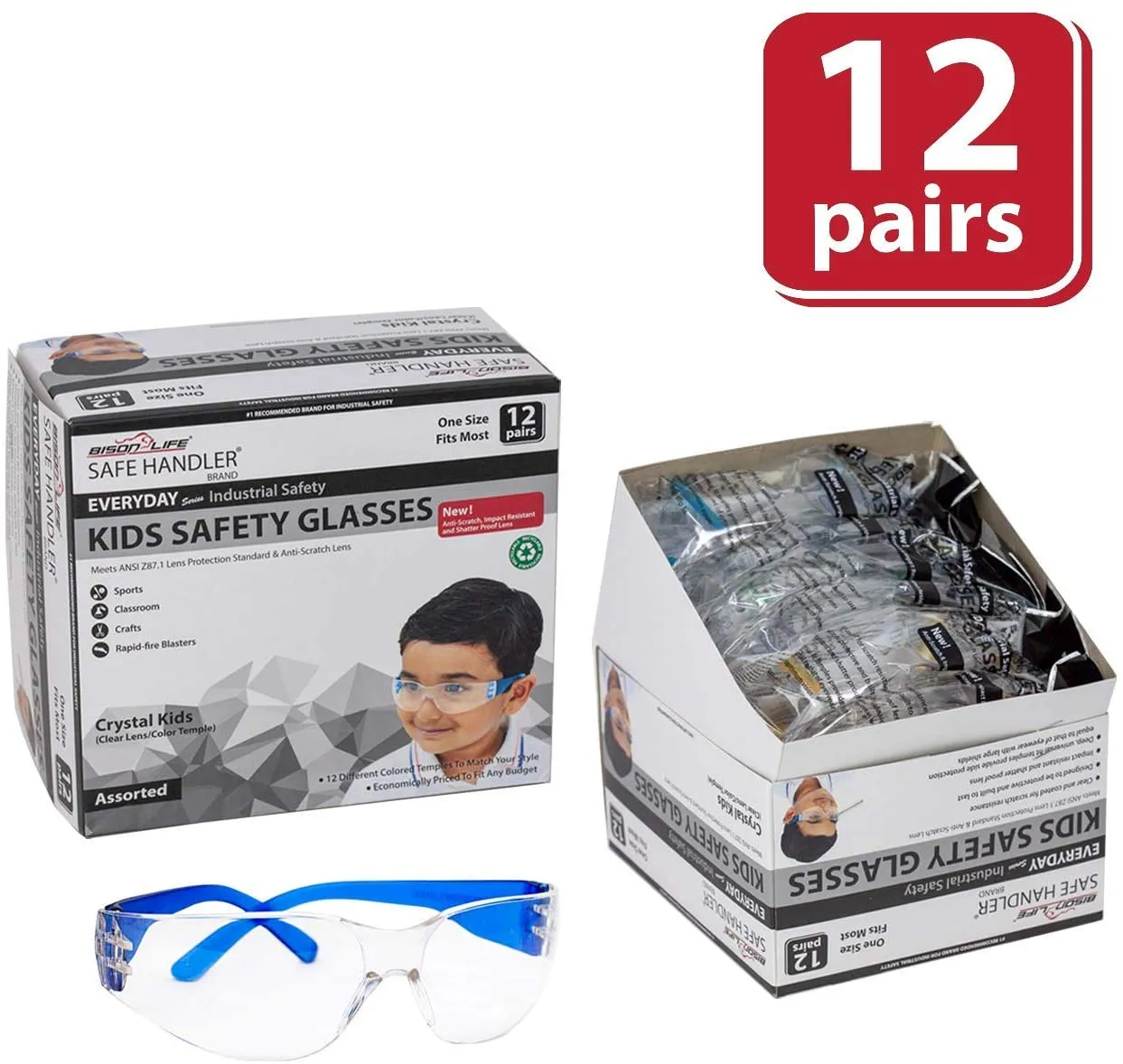 Bison Life Kids Safety Glasses, Clear Lens with Assorted Color Temple, Anti-Scratch