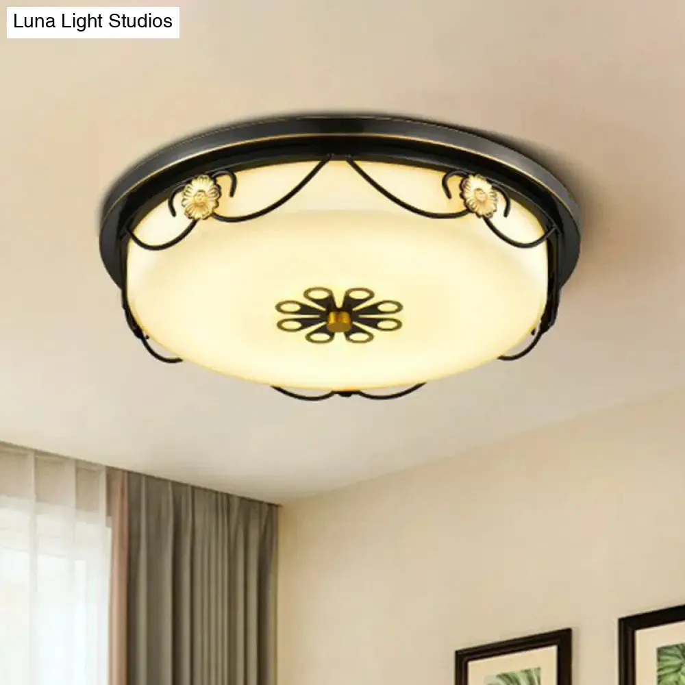 Black Retro LED Flush Mount Bedroom Ceiling Light with Cream Glass