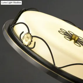Black Retro LED Flush Mount Bedroom Ceiling Light with Cream Glass
