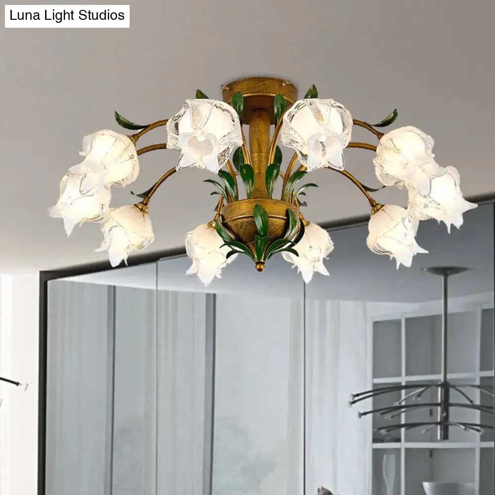 Brass Metal LED Ceiling Light: Countryside Flower Style, 6/8/10 Bulbs, Semi Flush Mount for Bedroom