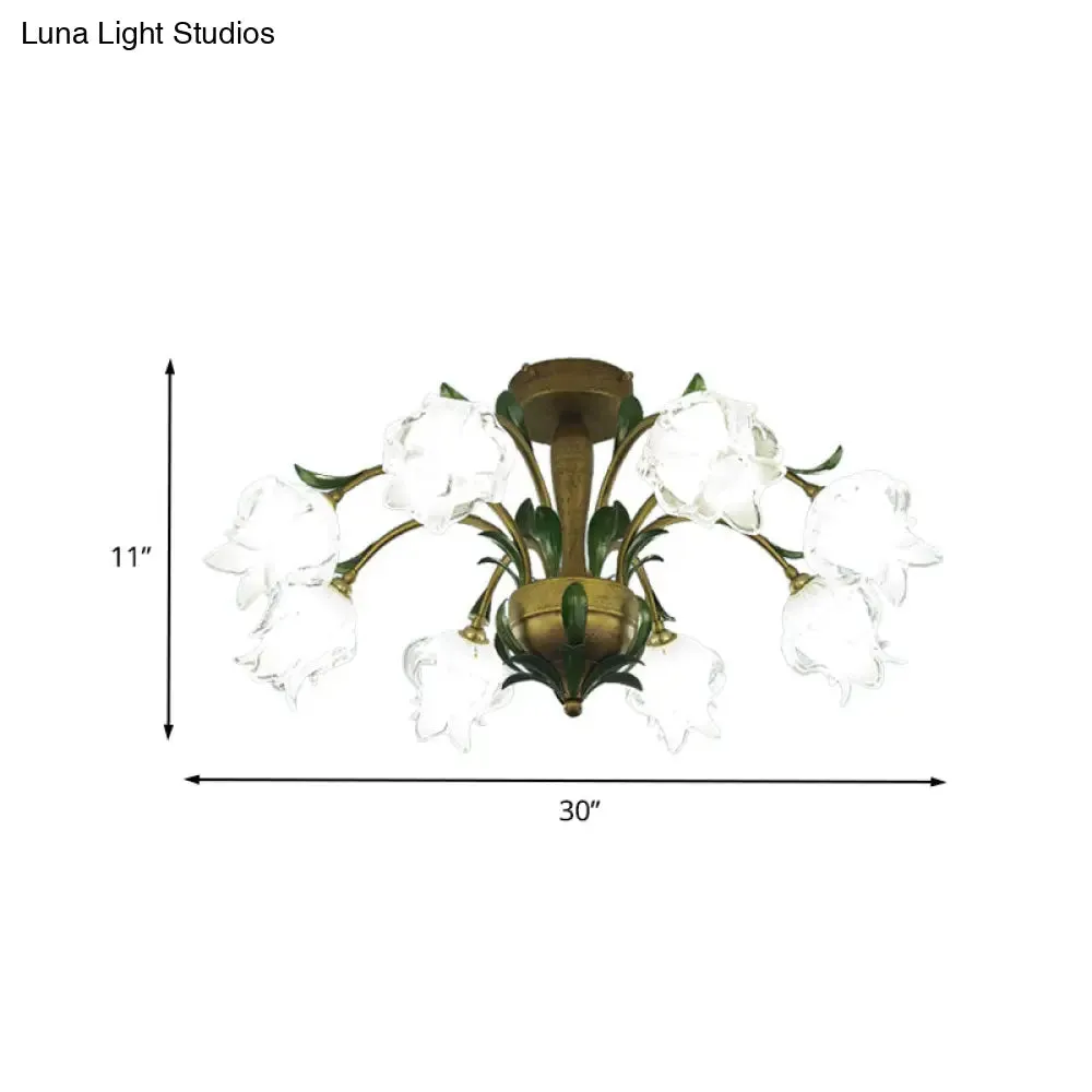 Brass Metal LED Ceiling Light: Countryside Flower Style, 6/8/10 Bulbs, Semi Flush Mount for Bedroom