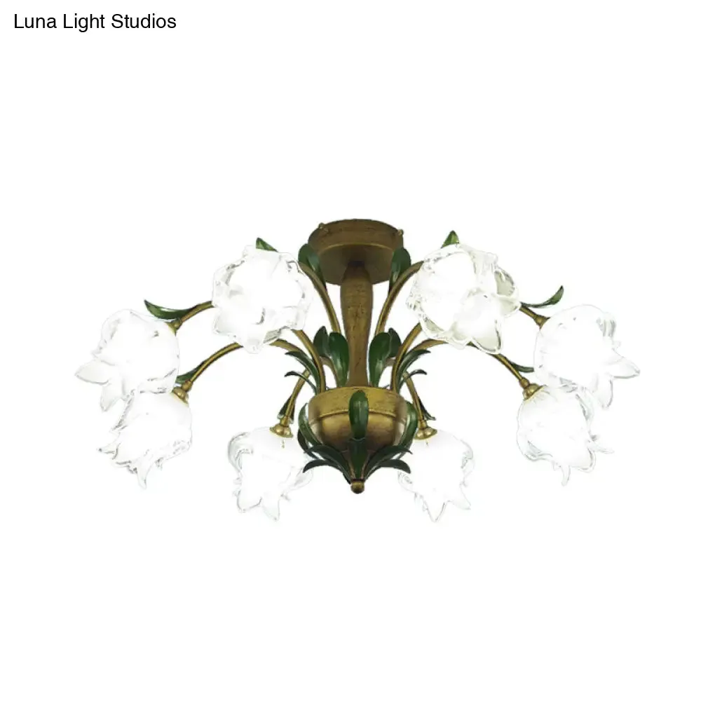 Brass Metal LED Ceiling Light: Countryside Flower Style, 6/8/10 Bulbs, Semi Flush Mount for Bedroom