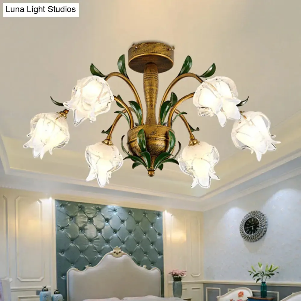 Brass Metal LED Ceiling Light: Countryside Flower Style, 6/8/10 Bulbs, Semi Flush Mount for Bedroom