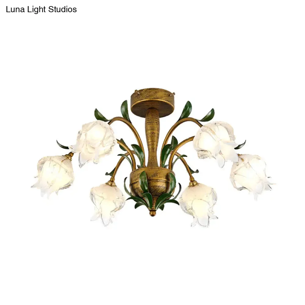 Brass Metal LED Ceiling Light: Countryside Flower Style, 6/8/10 Bulbs, Semi Flush Mount for Bedroom