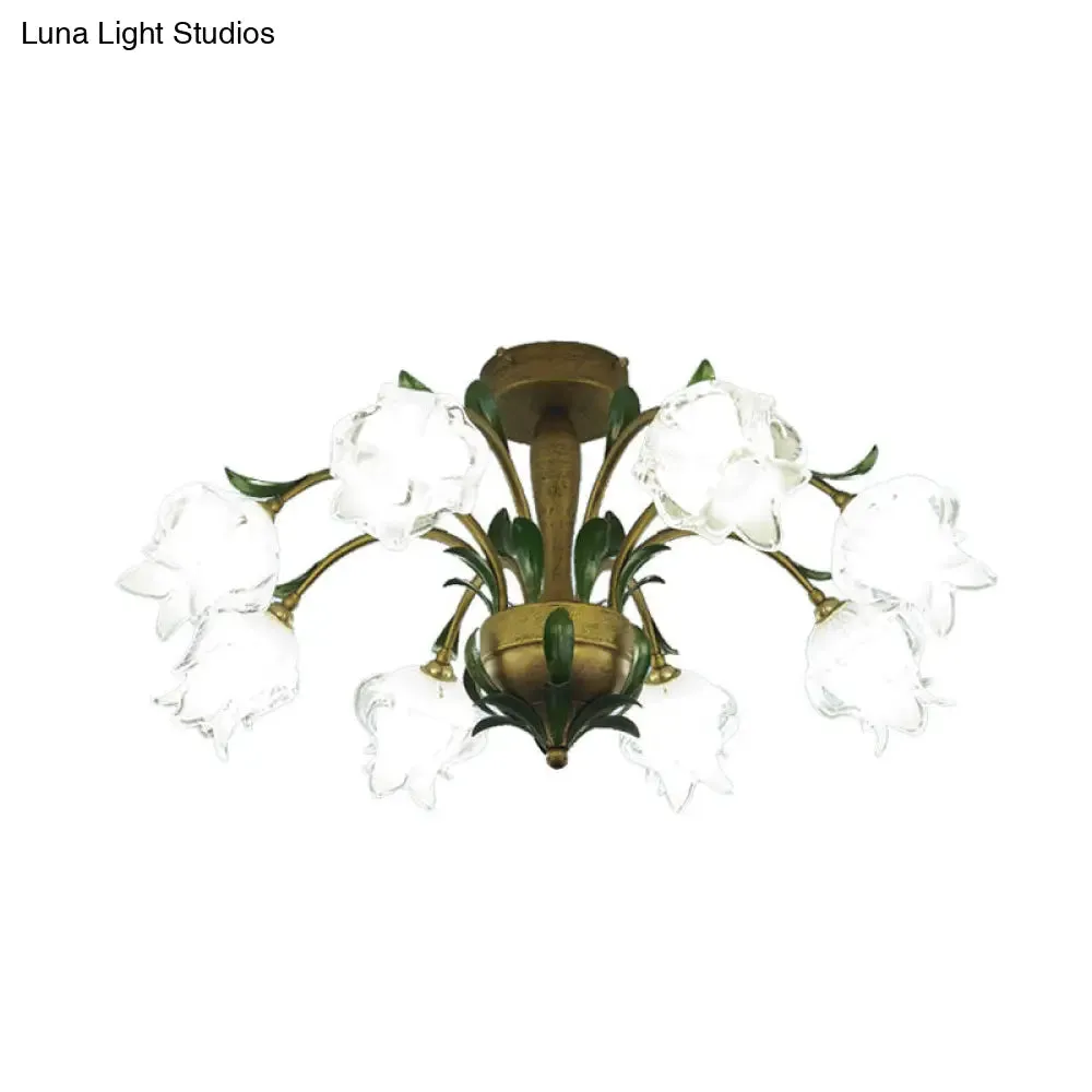 Brass Metal LED Ceiling Light: Countryside Flower Style, 6/8/10 Bulbs, Semi Flush Mount for Bedroom