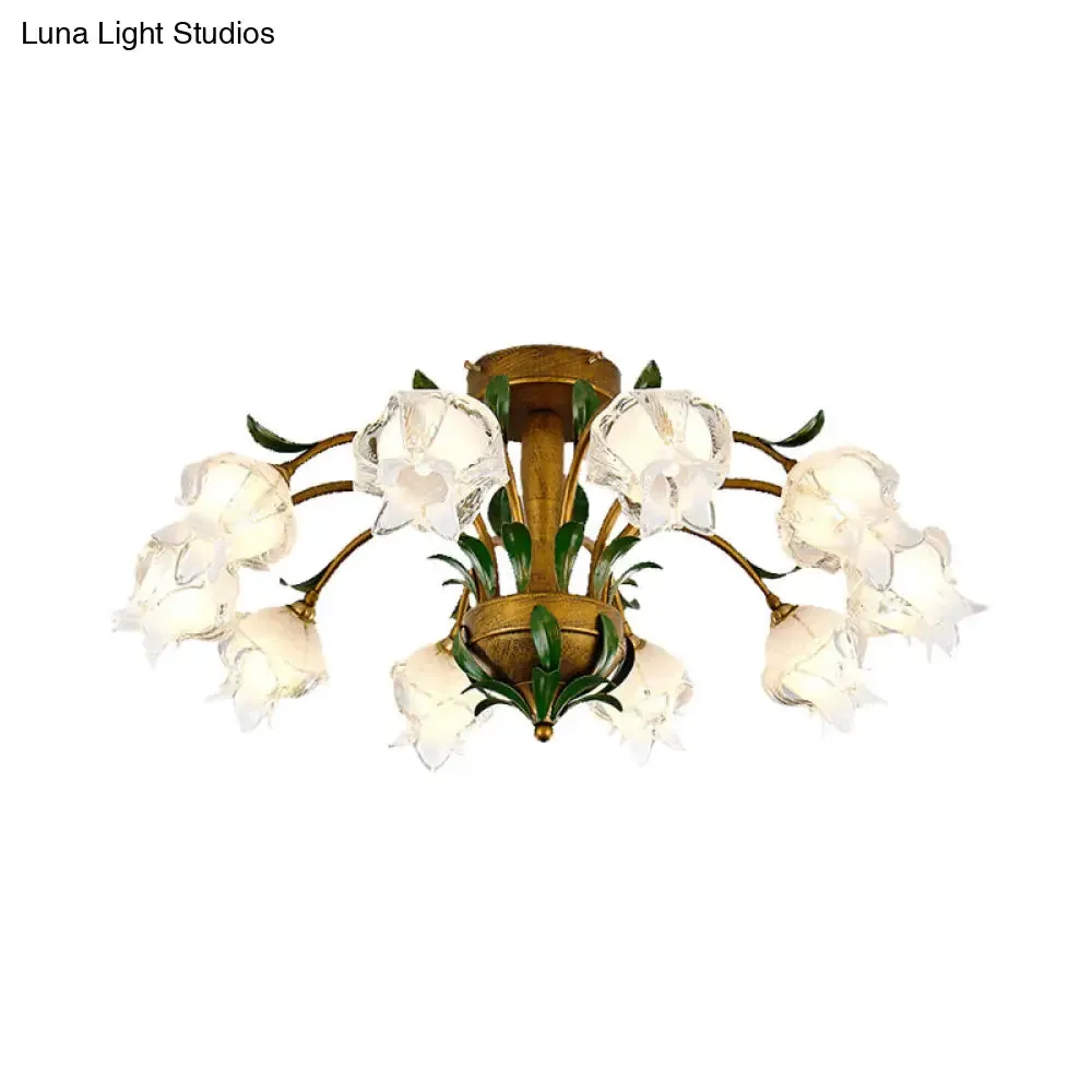 Brass Metal LED Ceiling Light: Countryside Flower Style, 6/8/10 Bulbs, Semi Flush Mount for Bedroom